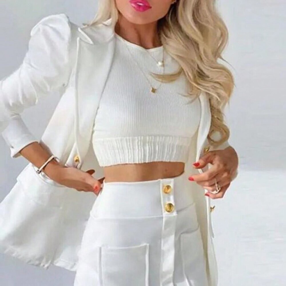 White Elegant Women's Lapel Neck Double-Breasted Blazer And Skirt Suit Set
